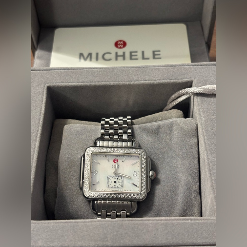 Authentic Michele Deco Watch with a Diamond Bezel and Mother of Pearl